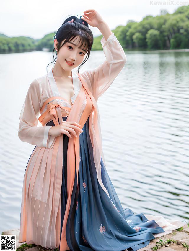 A woman in a blue and pink hanbok posing by the water.