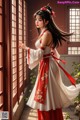 A woman in a red and white dress standing by a window.