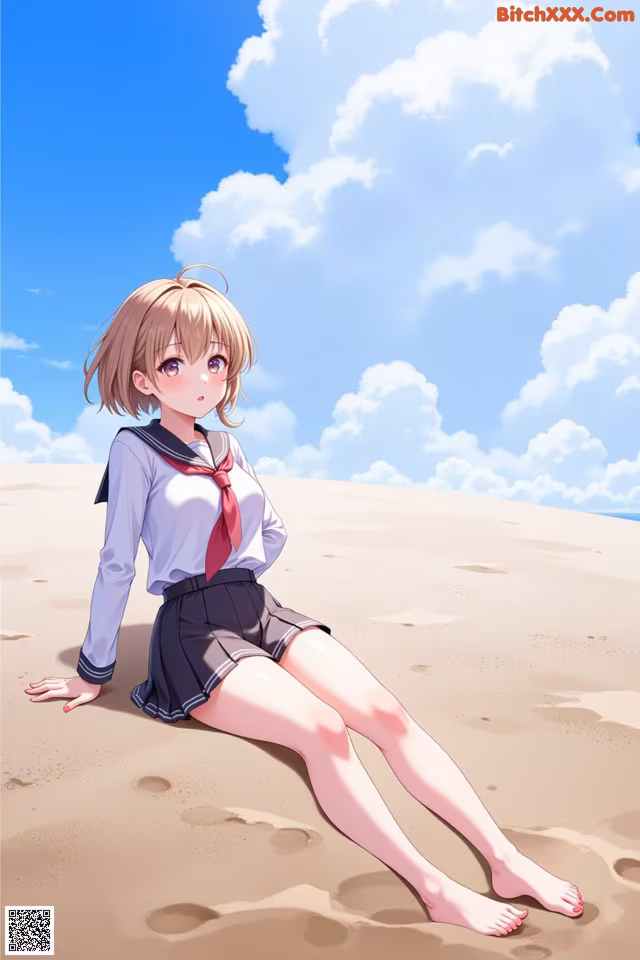 A girl in a school uniform sitting on a sandy beach.