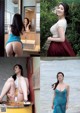 A collage of photos of a woman in a blue dress.