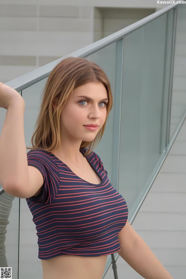 A woman in a red and blue striped top posing for a picture.