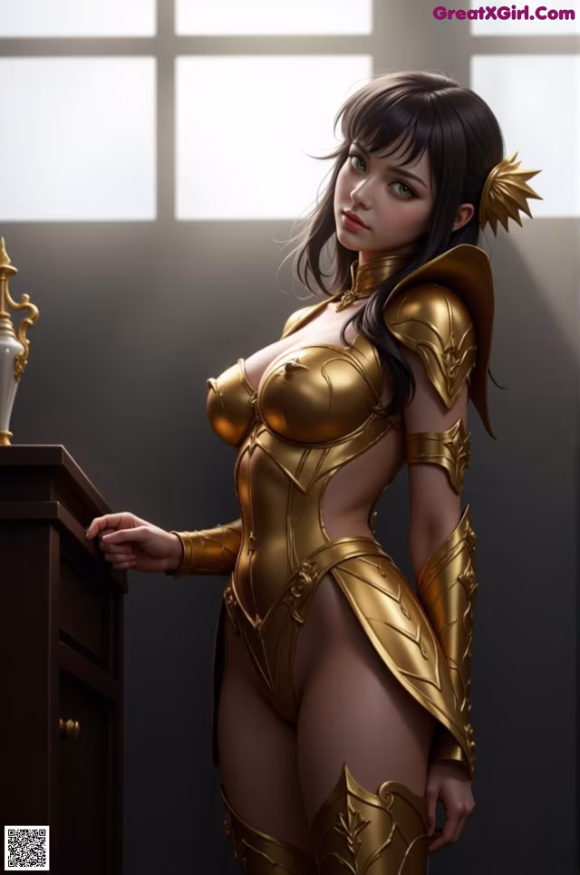 A woman in a gold outfit standing next to a lamp.